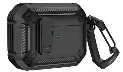 For Apple AirPods Pro 2 TPU + PC Earphone Protective Case Earbud Charging Box Drop-proof Cover with Carabiner - Black