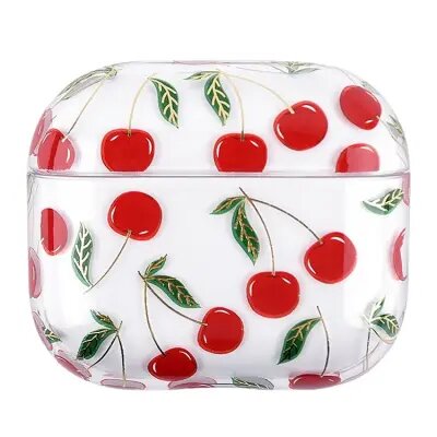 for Apple AirPods 3 Fruit Flower Pattern Gold Stamping Hard PC Earphone Charging Box Protective Case Cover - Cherry