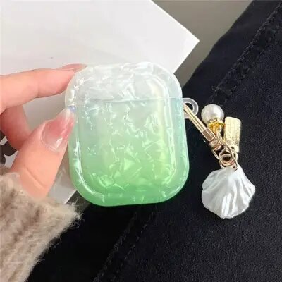 For Apple AirPods 2nd gen.Gradient Shell Grain Square Earphone Case with Pendant - Green