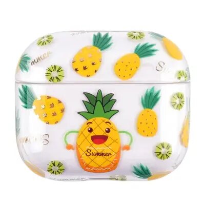 for Apple AirPods 3 Fruit Flower Pattern Gold Stamping Hard PC Earphone Charging Box Protective Case Cover - Pineapple