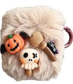 For Apple AirPods 2nd gen. Little Ghost Skull Earphone Case Soft Fluff Earbud Cover with Ring Buckle - Khaki