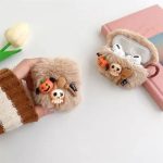 For Apple AirPods 2nd gen. Little Ghost Skull Earphone Case Soft Fluff Earbud Cover with Ring Buckle - Khaki