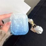For Apple AirPods 2nd gen. Gradient Shell Grain Square Earphone Case with Pendant - Sky Blue