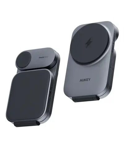 Aukey 3 in-1 15W LC-MC312 MagFusion Z Qi2 Foldable Wireless Charging Station Gray