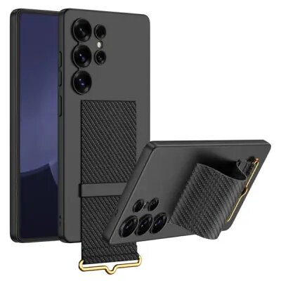 GKK For Samsung Galaxy S25 Ultra Case with Strap Kickstand PU+Hard PC Protective Phone Cover - Carbon Fiber Texture