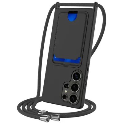For Samsung Galaxy S25 Ultra Case Liquid Silicone Card Holder Back Phone Cover with Lanyard - Black