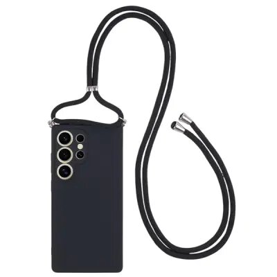 For Samsung Galaxy S25 Ultra Crossbody Case Flexible TPU Fiber Lining Anti-Shock Phone Cover - Black