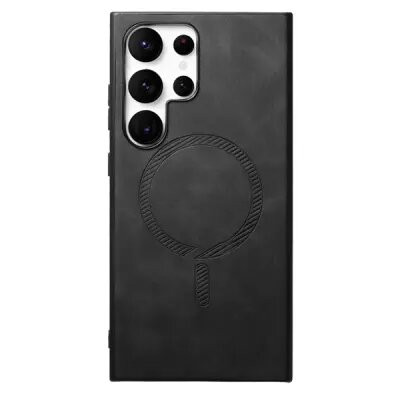 For Samsung Galaxy S25 Ultra Leather Back Case Compatible with MagSafe Skin-touch Phone Cover - Black