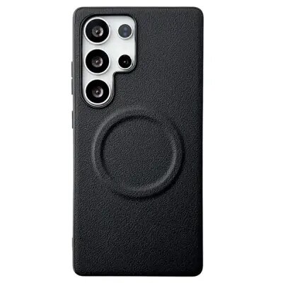 For Samsung Galaxy S25 Ultra Leather Back Case Compatible with MagSafe Skin-touch Phone Cover - Black