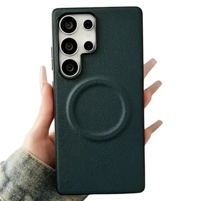 For Samsung Galaxy S25 Ultra Leather Back Case Compatible with MagSafe Skin-touch Phone Cover - Black