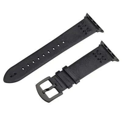 Watch Strap for Apple Watch Series 10 9 8 7 SE 6 5 4 3 2 1 42mm 41mm 40mm 38mm Hand Stitched Lines Genuine Cow Leather Band - Black