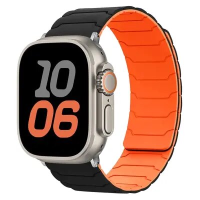 Silicone Strap for Apple Watch Series 10 Ultra 9 8 7 SE 6 5 4 3 2 1 46mm 49mm 45mm 44mm 42mm Magnetic Band - Black+Orange