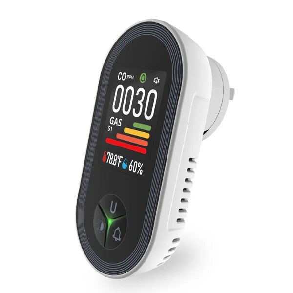 Moes Carbon Monoxide & Natural Gas Detector Plug in, 4 in 1 Temperature Humidity Sensor Built-in Alarm Sound Warning